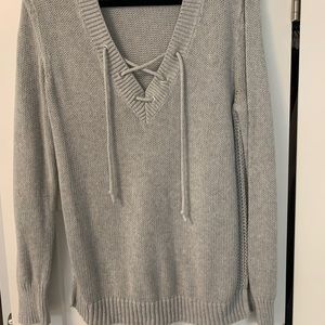 Knit V neck lace up sweater